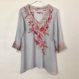 Johnny Was Embroidered Grey Blouse